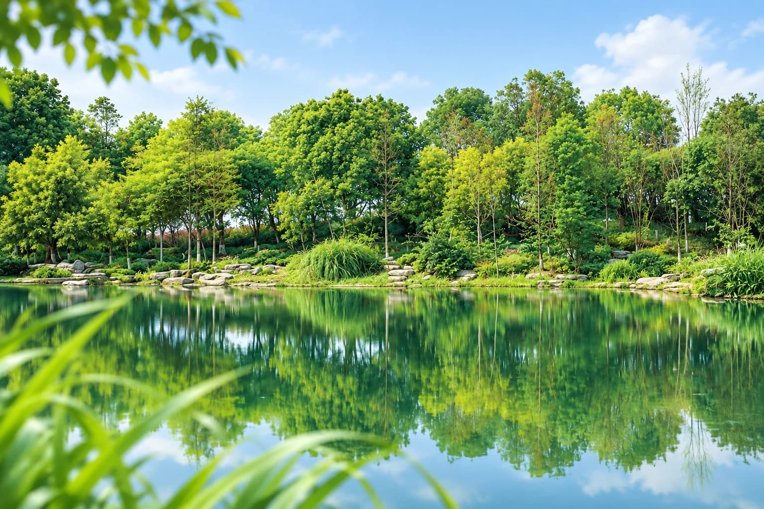 Ilustrasi AI tasik berbaris pokok di Taman Pintar Lijia.