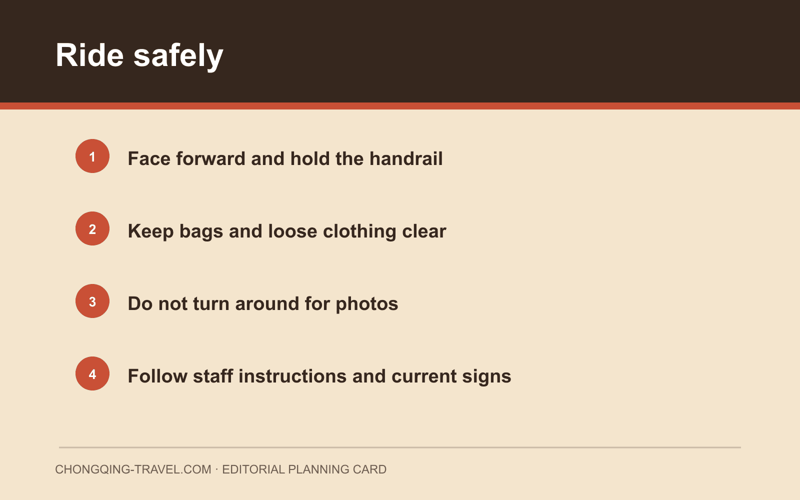 Safety card: face forward, hold the rail, secure bags and follow current instructions