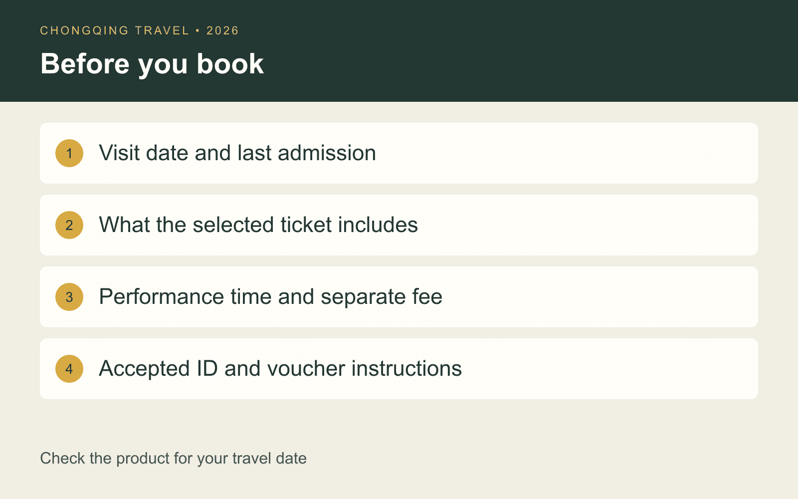 Four checks before booking: date and last admission, ticket inclusion, performance, identification