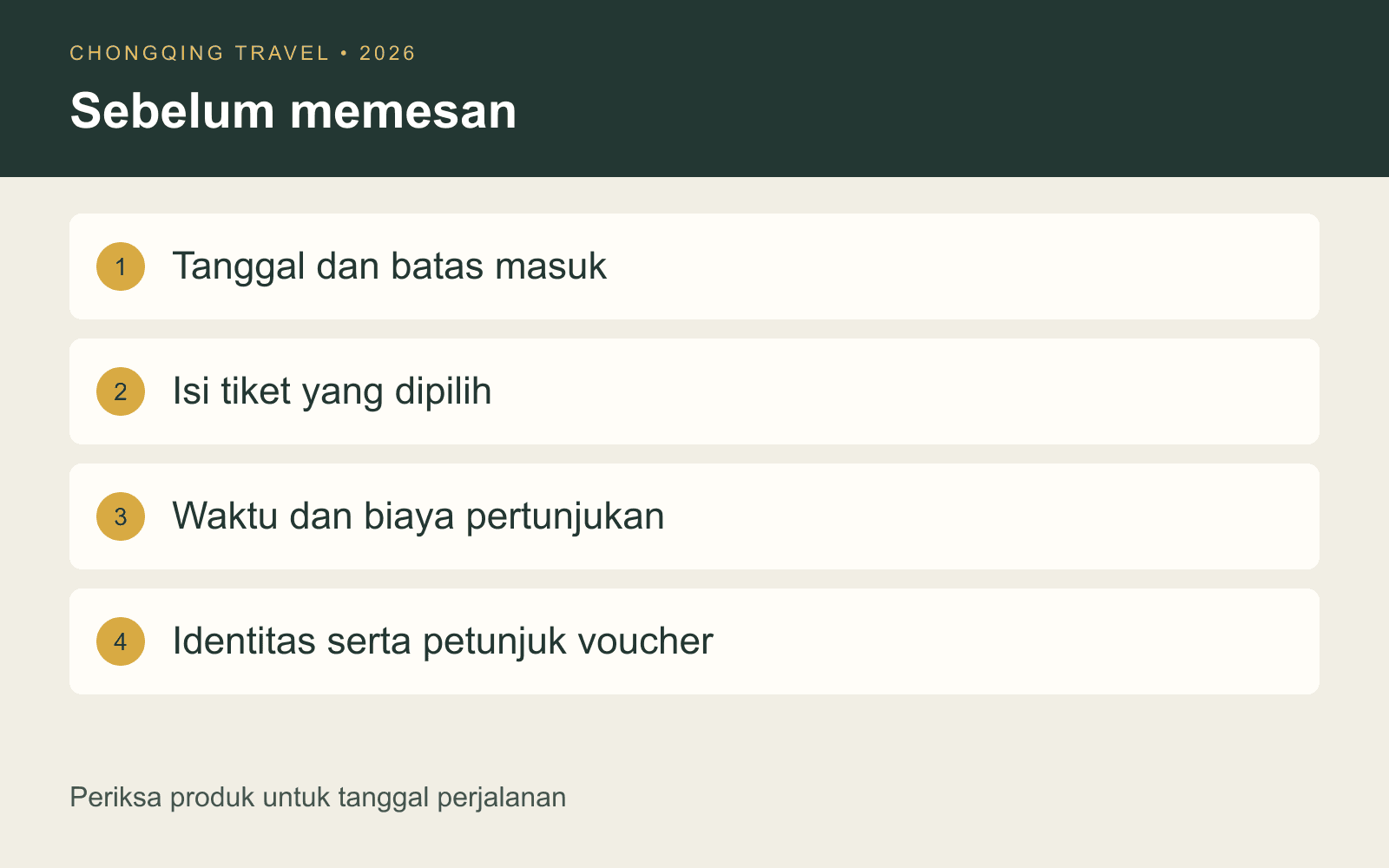 Empat pemeriksaan tiket: tanggal dan batas masuk, isi produk, pertunjukan serta identitas