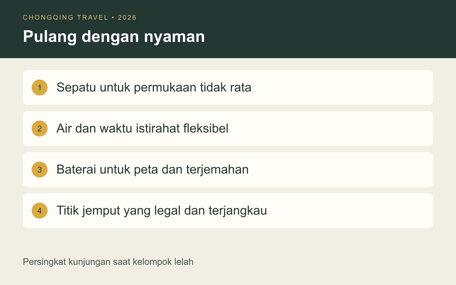 Persiapan nyaman: sepatu, air dan istirahat, baterai serta titik jemput pulang