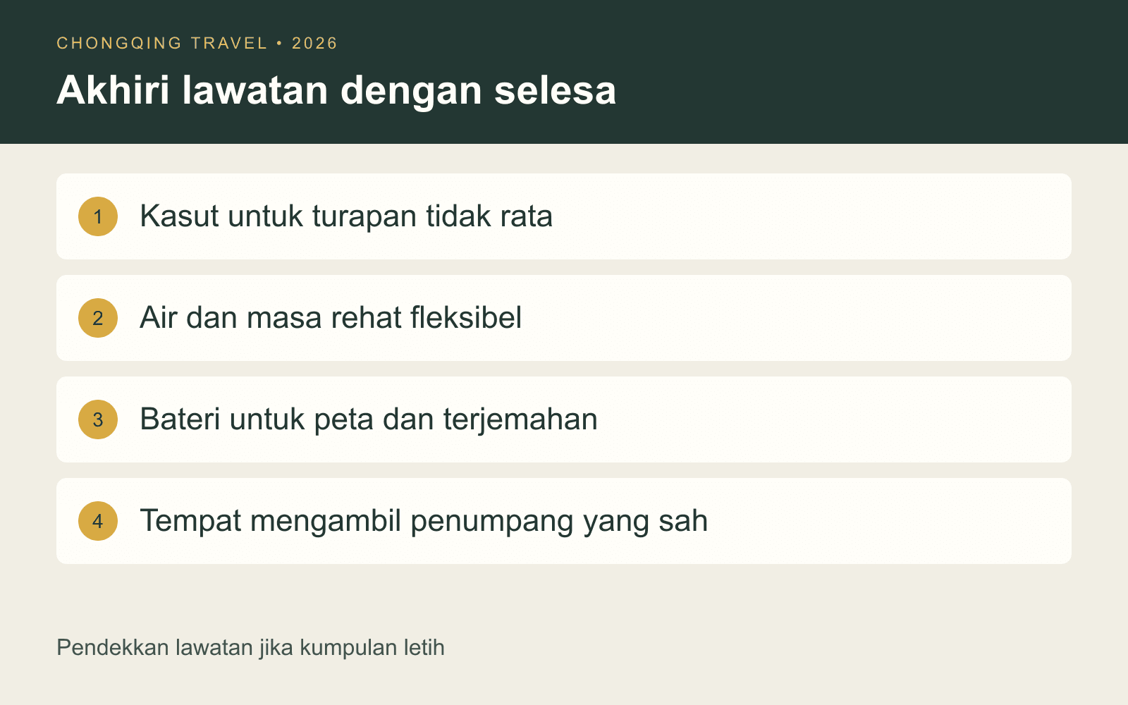 Senarai keselesaan: kasut, air dan rehat, bateri serta tempat mengambil penumpang
