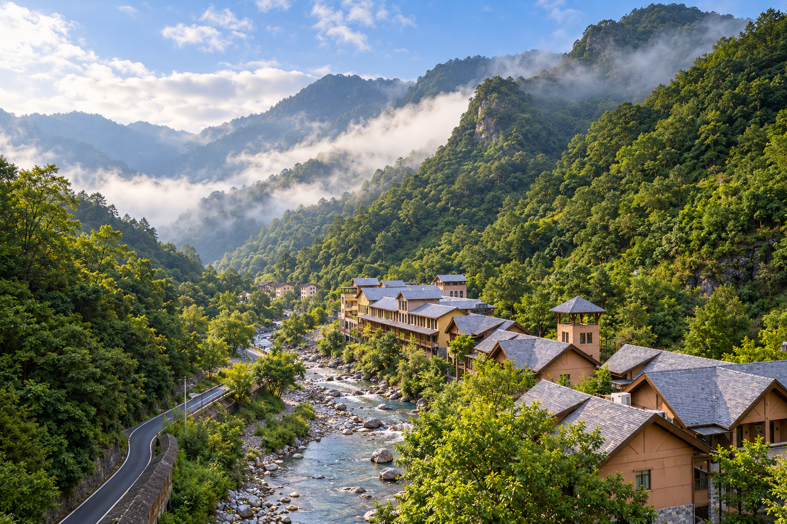 根據歷史照片生成的 AI 插畫。亢谷山谷內有記錄的建築、溪流與公路，兩側為林坡。