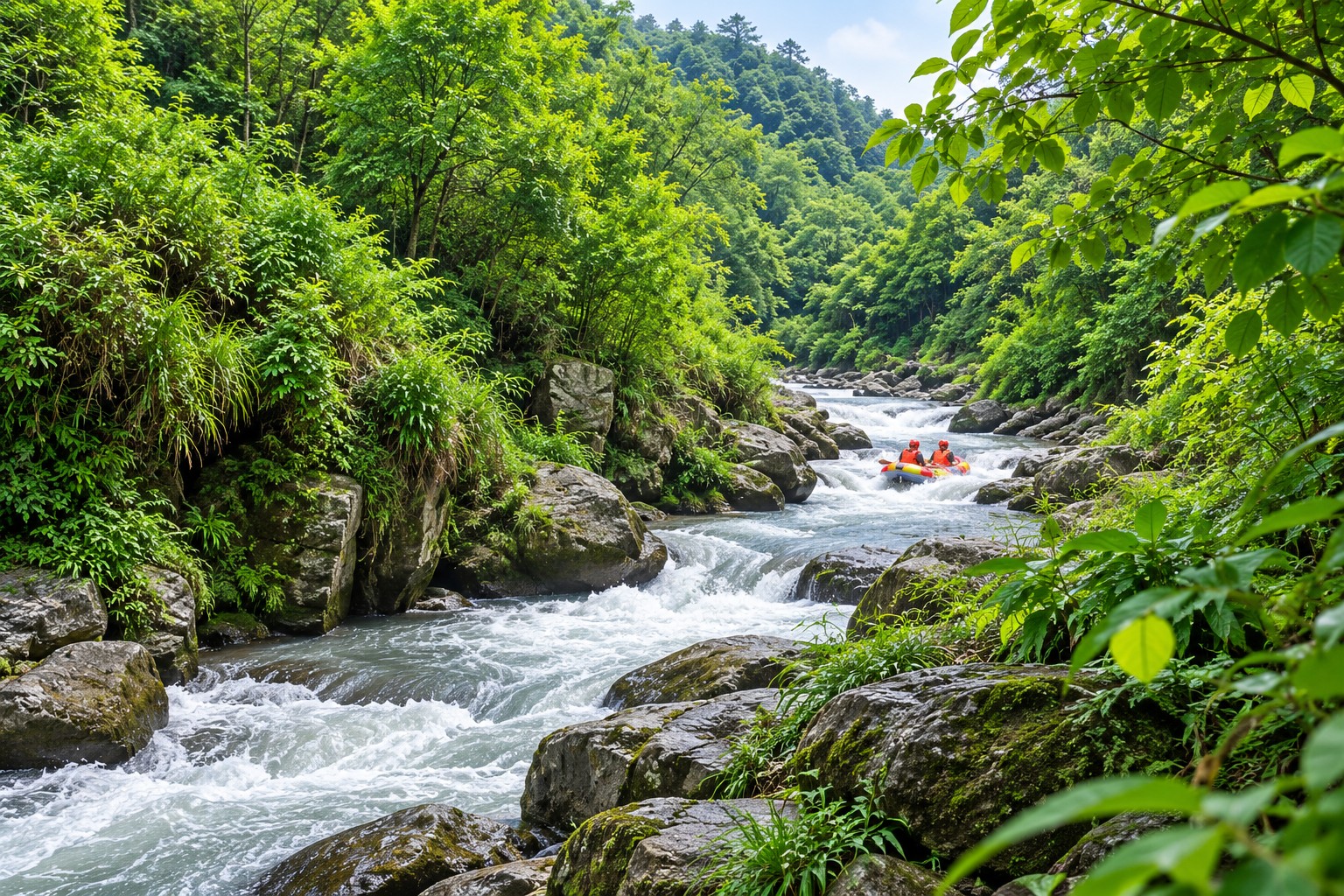 Khúc sông uốn trong rừng với bè ở xa.
