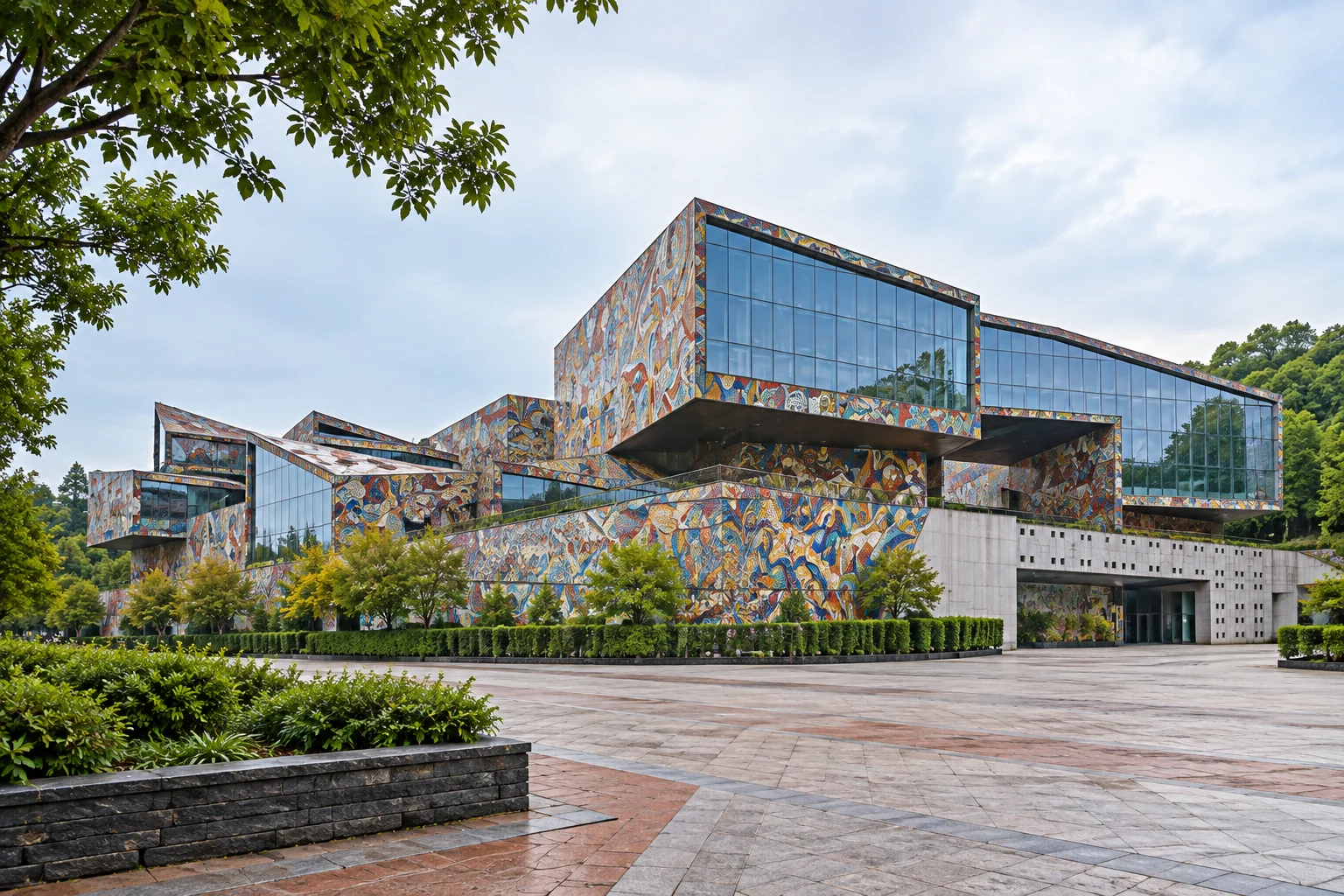 Ảnh minh họa AI theo ảnh cũ về mặt ngoài góc cạnh, khảm mosaic và kính của bảo tàng Hổ Khê.