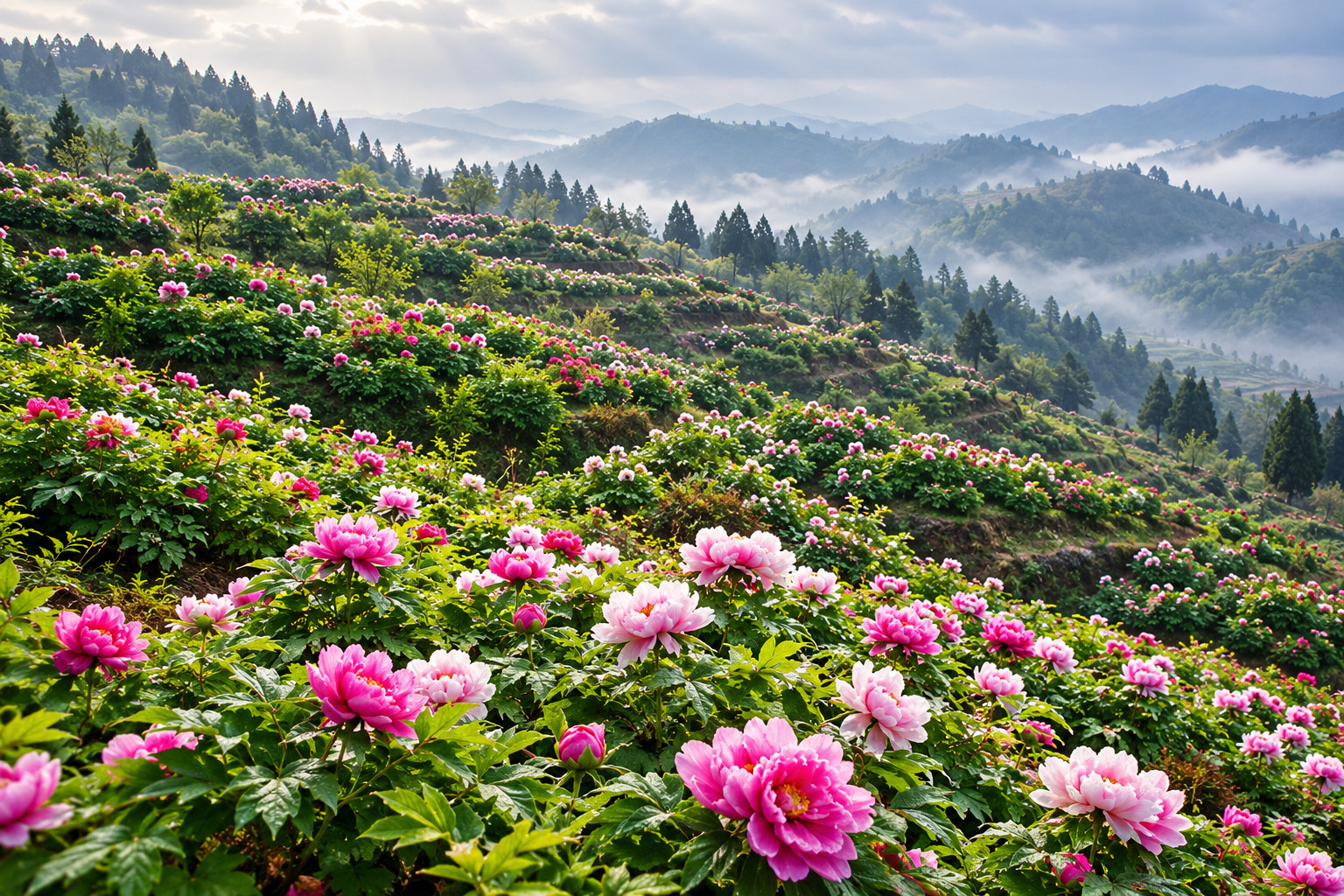 Ilustrasi AI lereng peony di Taman Peony Dianjiang, Taiping